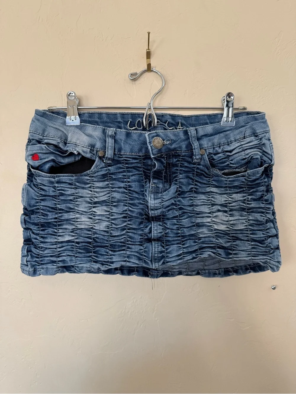 Love LA Ruched Denim Mini Skirt | Size 7 | Y2K Low Rise Micro Mini